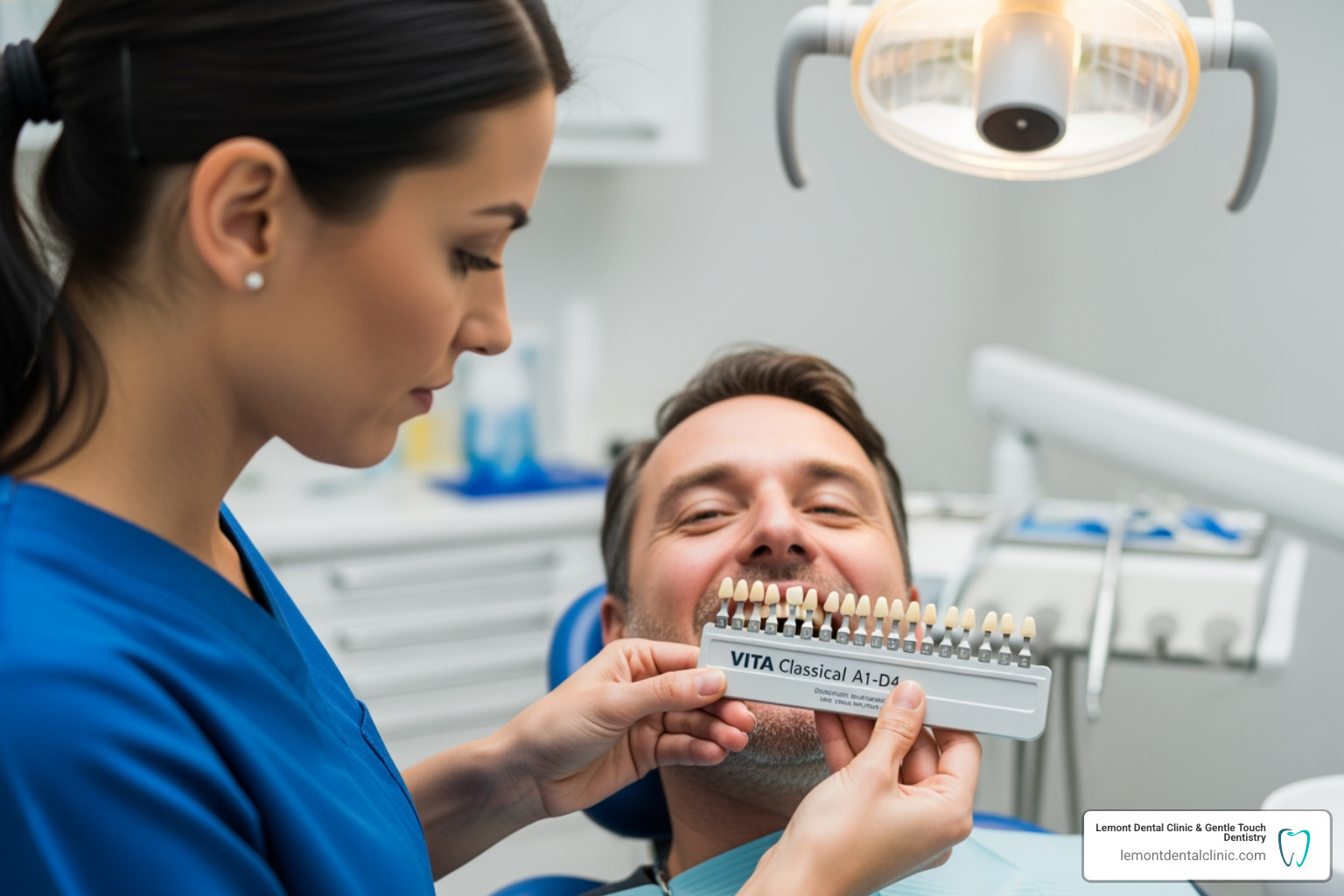dentist using a shade guide to match a patient's teeth - types of denture teeth dentist using a shade guide to match a patient's teeth - types of denture teeth