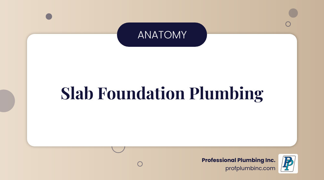 infographic showing cross-section of slab foundation with cold water pipes running underneath concrete, illustrating common leak points and how water travels through soil and up through floors - Cold water slab leak infographic simple-info-landscape-card