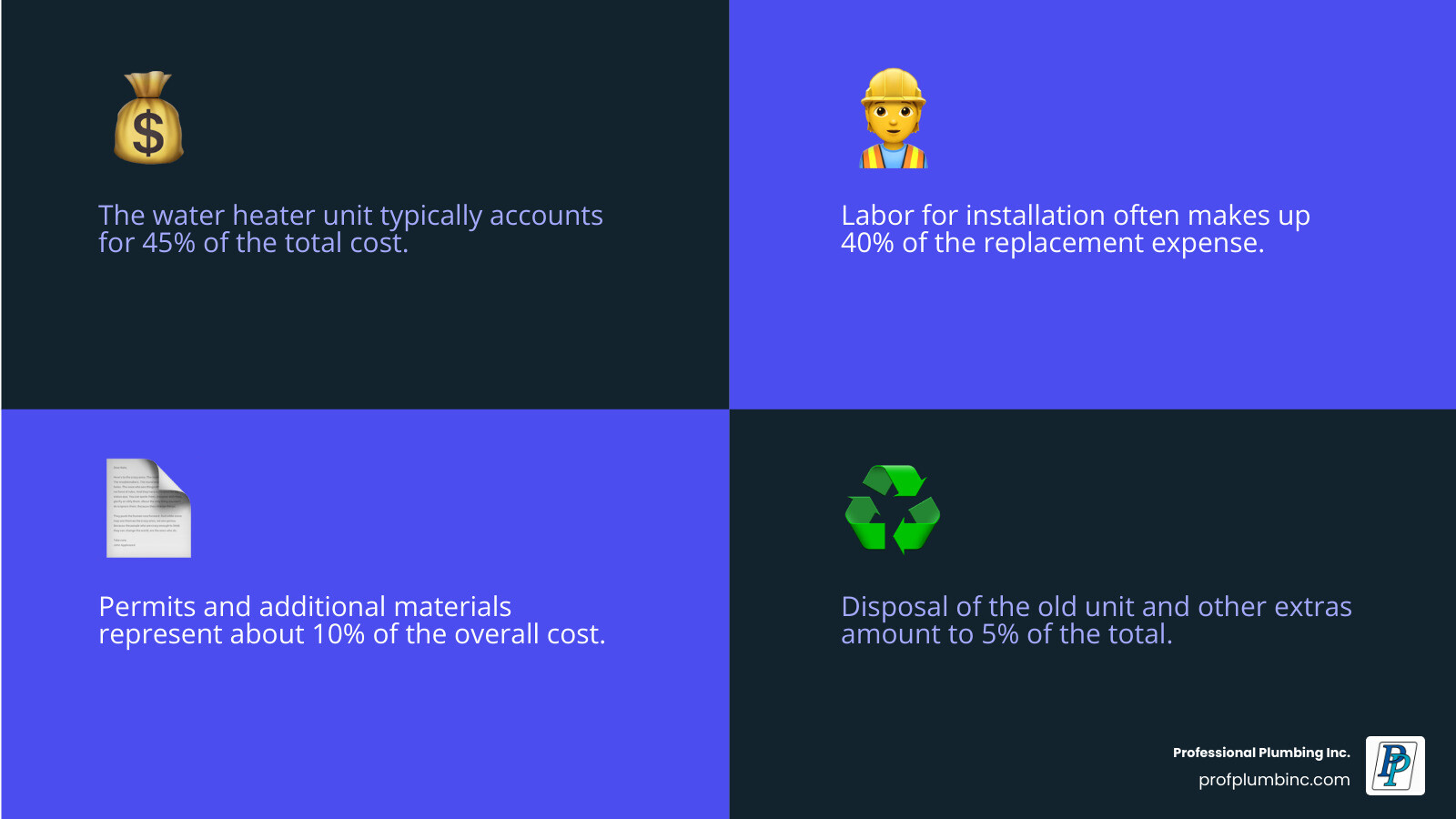 infographic showing hot water heater replacement cost breakdown: 45% unit cost, 40% labor cost, 10% permits and materials, 5% disposal and extras - hot water heater replacement cost infographic 4_facts_emoji_blue infographic showing hot water heater replacement cost breakdown: 45% unit cost, 40% labor cost, 10% permits and materials, 5% disposal and extras - hot water heater replacement cost infographic 4_facts_emoji_blue