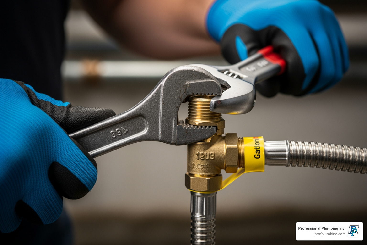 professional plumber carefully tightening a gas line fitting with two wrenches - connecting natural gas lines