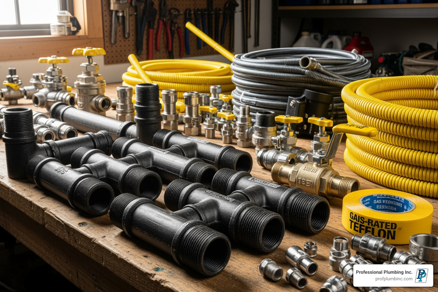 various gas pipe materials and fittings laid out on a workbench - connecting natural gas lines