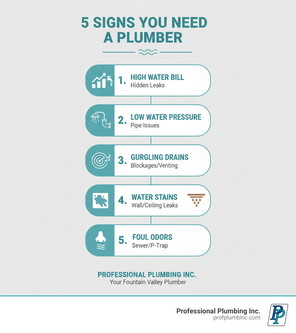 Infographic showing the top 5 signs you need to call a plumber: 1) Sudden spike in water bill indicating hidden leaks, 2) Low water pressure throughout the house suggesting pipe corrosion or blockages, 3) Gurgling noises from drains signaling venting or blockage issues, 4) Water stains on walls or ceilings pointing to leaks, 5) Foul odors from drains indicating sewer line problems or dry P-traps - plumber fountain valley infographic 