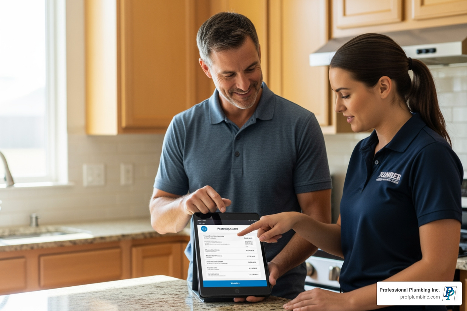 A homeowner and a plumber review a digital quote on a tablet, discussing the details and ensuring transparency - drainage cleaning charges