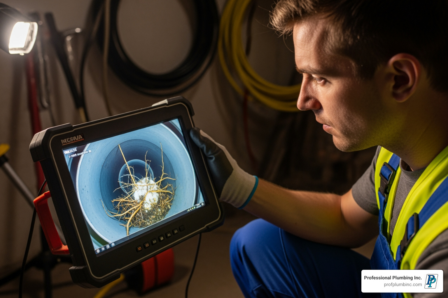 A plumber monitors a screen showing live footage from a sewer camera inspection, revealing a blockage - drainage cleaning charges
