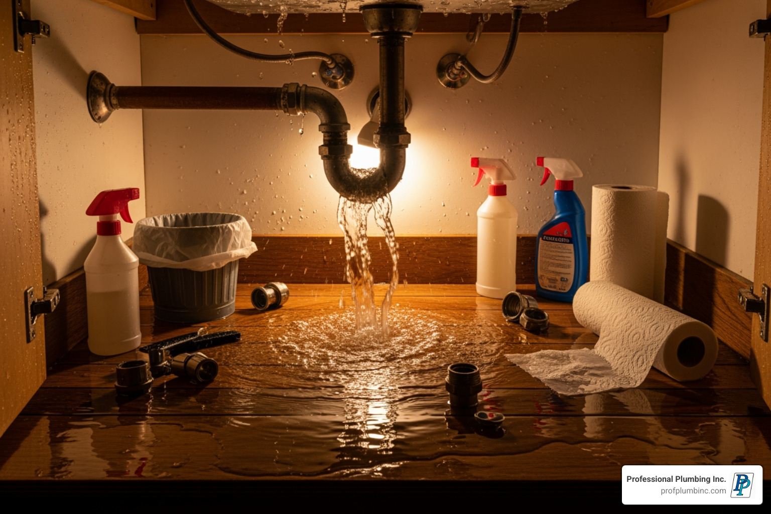 Burst pipe spraying water under kitchen sink - emergency plumber Garden Grove