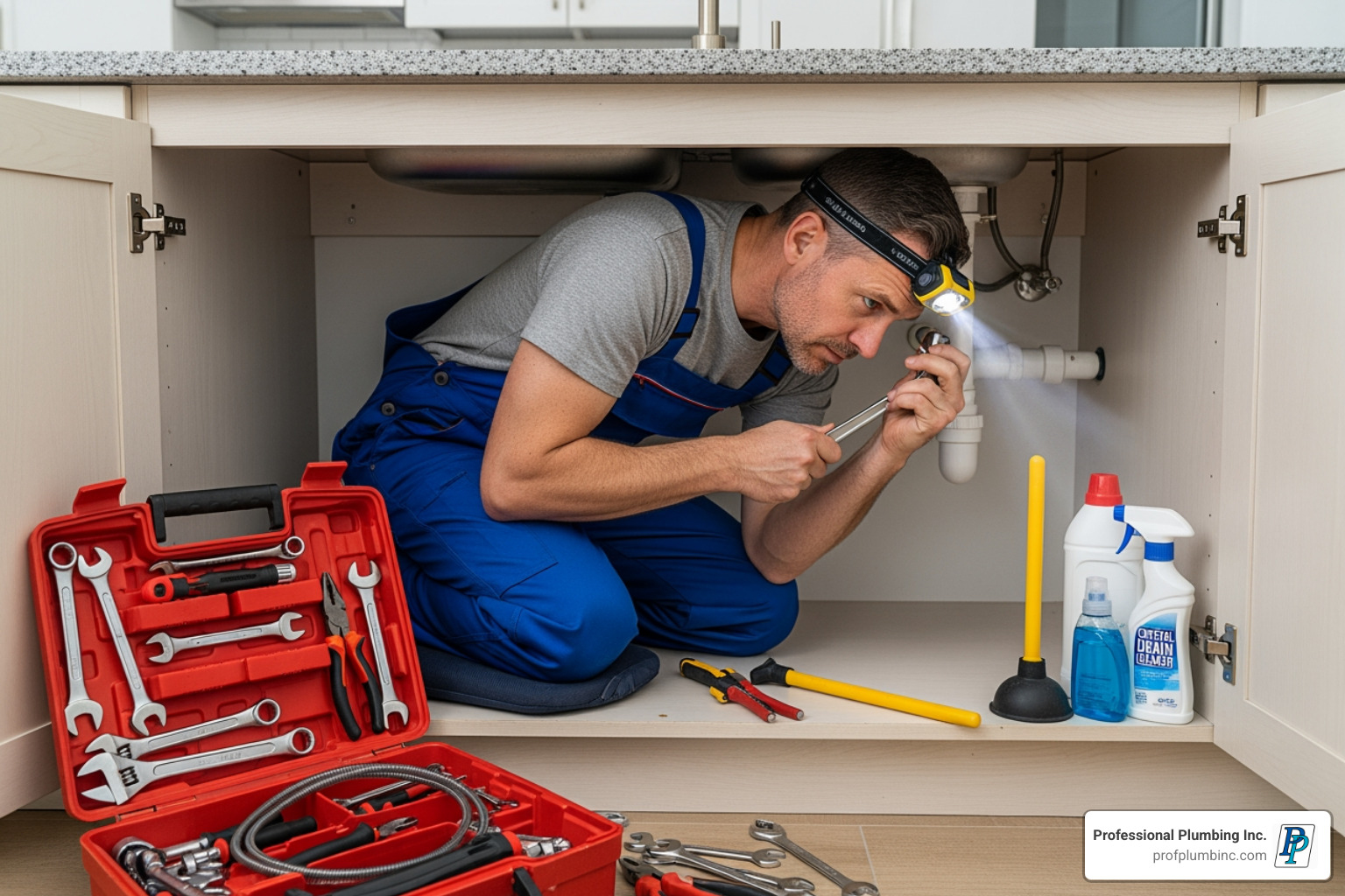 A plumber carefully works under a kitchen sink, surrounded by a toolbox, while various DIY drain cleaning tools like a plunger and chemical cleaner bottles sit unused nearby - drainage cleaning charges