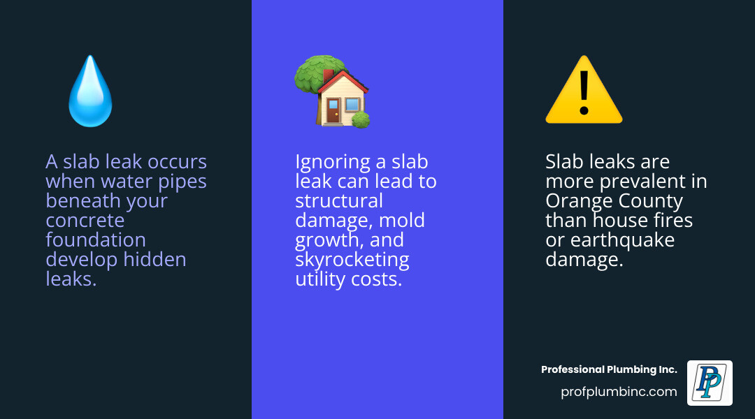 Infographic showing cross-section of a concrete slab foundation with hot and cold water supply lines running through it, labeled pipes, foundation layers, soil beneath, and common leak points where pipes meet fixtures - concrete slab leak detection in garden grove infographic 3_facts_emoji_blue