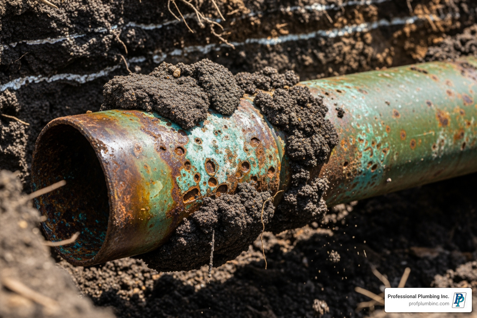 Corroded copper pipe being excavated from dirt - Cold water slab leak