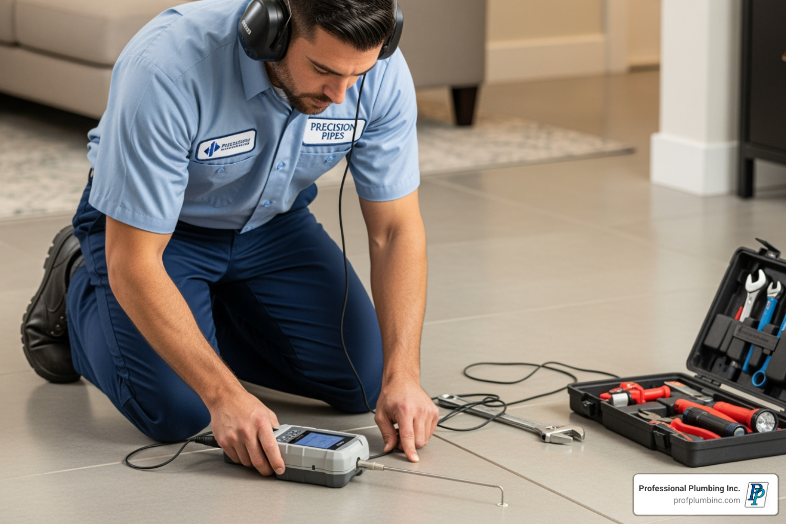 Plumber using an electronic listening device on a home's floor - concrete slab leak detection in garden grove