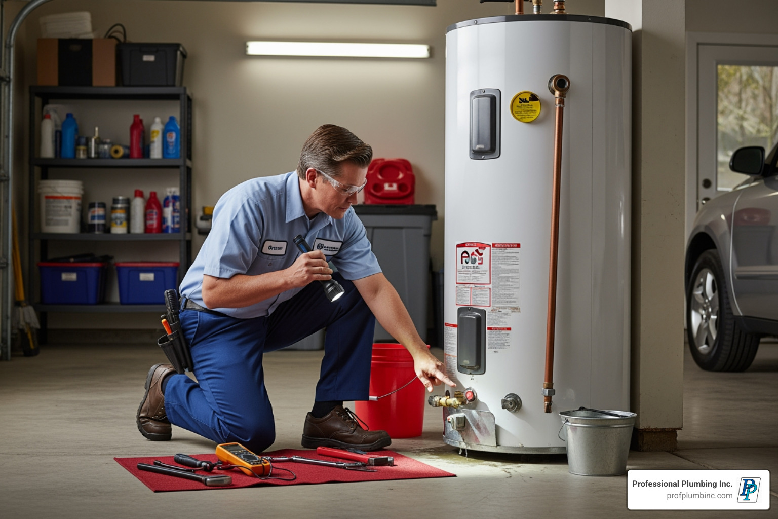 A plumber inspecting a water heater in a residential garage - plumber fountain valley