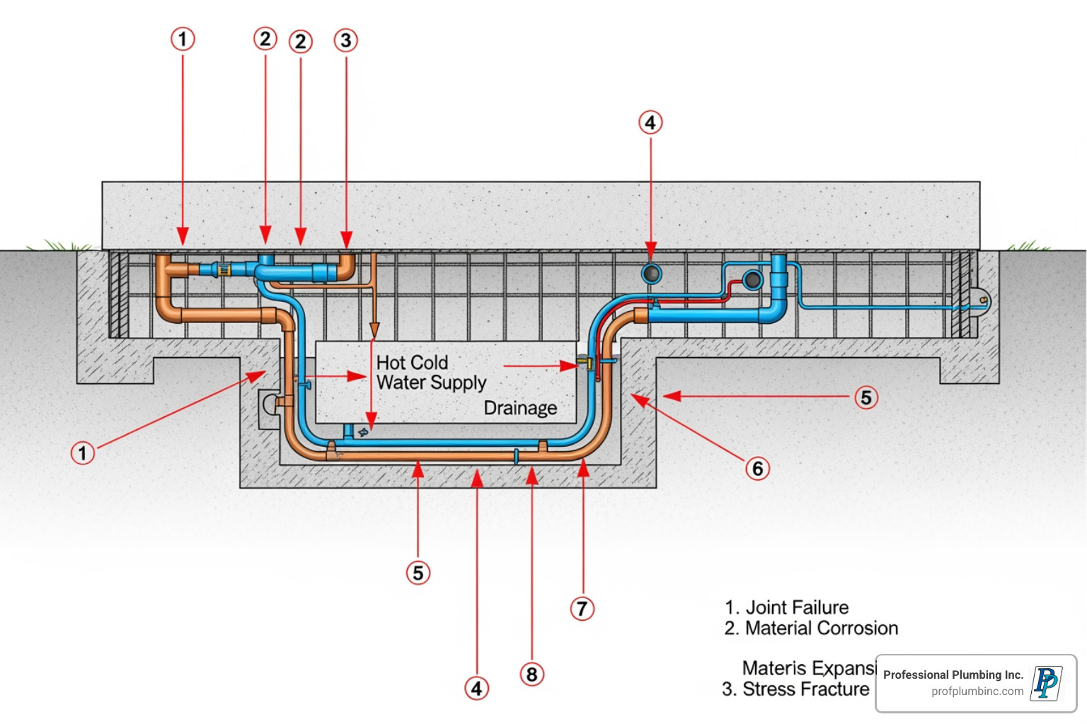 A diagram showing pipes under a slab foundation with arrows indicating potential leak points - plumber fountain valley