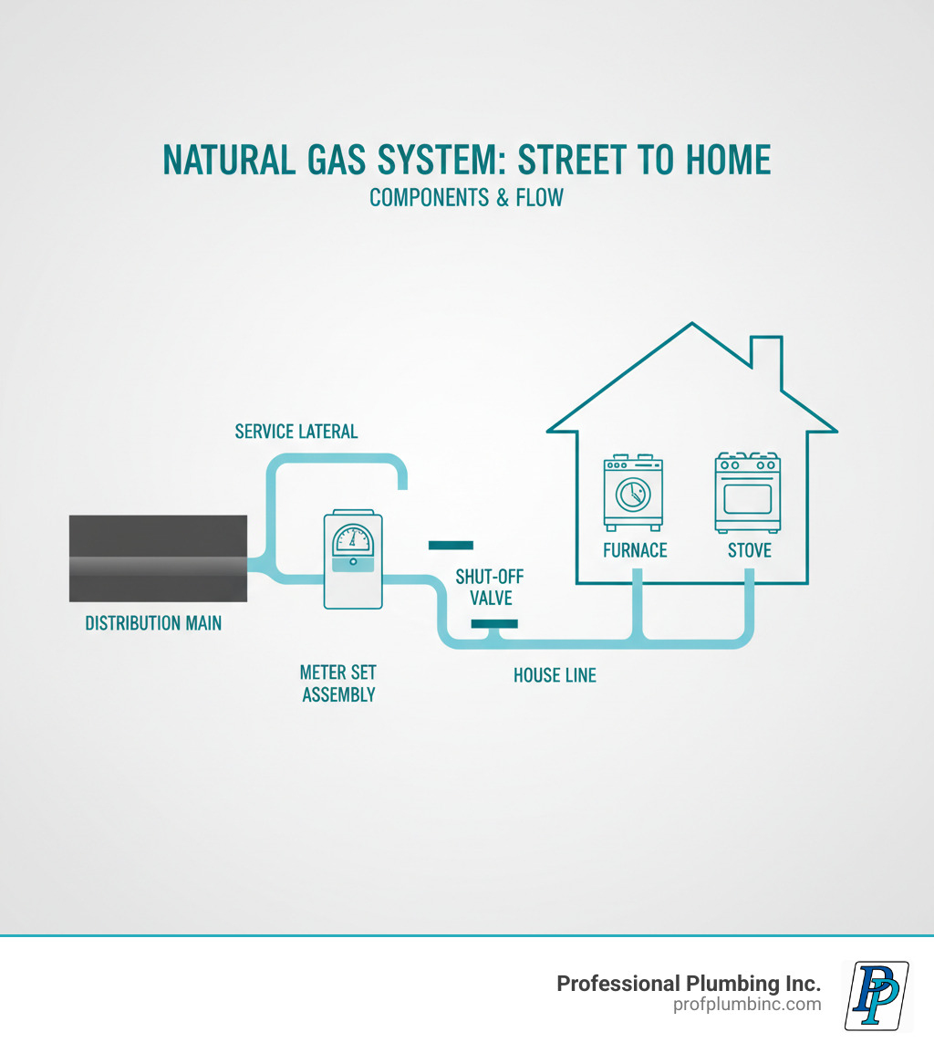 infographic showing natural gas system components from street main through meter to home appliances, with labeled parts including distribution main, service lateral, meter set assembly, house line, shut-off valves, and connected appliances like furnace and stove - connecting natural gas lines infographic 