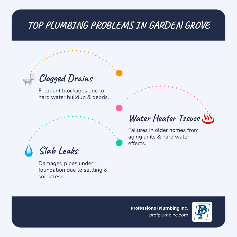 infographic showing top plumbing problems in Garden Grove: clogged drains from hard water buildup, water heater failures in older homes, slab leaks due to foundation settling, low water pressure from corroded pipes, and sewer line issues from tree root intrusion - plumber garden grove infographic infographic-line-3-steps-blues-accent_colors