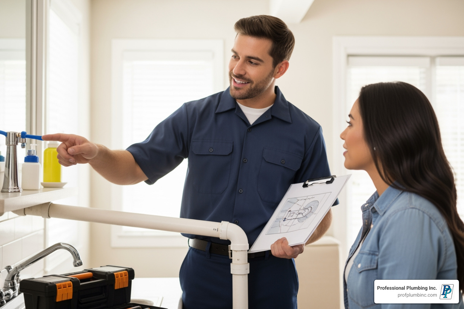 Friendly professional plumber explaining repair to customer - emergency plumber Garden Grove