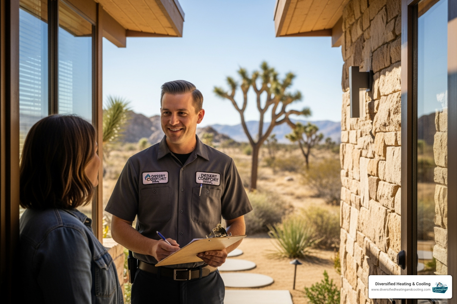 friendly technician speaking with a homeowner at their front door - licensed heating contractor in joshua tree ca