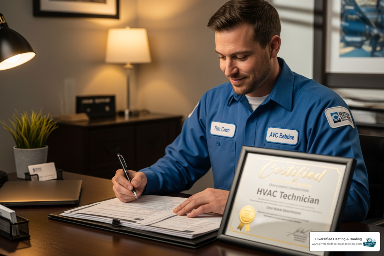 CSLB logo with a friendly technician reviewing documents - licensed heating contractor in joshua tree ca