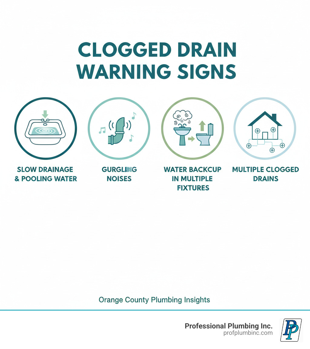 infographic showing five warning signs of a clogged drain: slow drainage with water pooling in sink, gurgling noises coming from pipes, foul sewage odors near drains, water backing up into multiple fixtures, and multiple clogged drains throughout the home - Clogged drain Orange County infographic 
