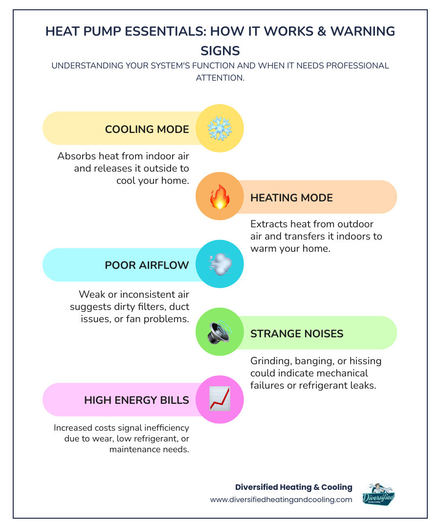 Infographic showing how a heat pump transfers heat between indoor and outdoor environments, with arrows indicating cooling mode in summer and heating mode in winter, plus common signs of heat pump failure like strange noises, poor airflow, and high energy bills - heat pump repair in joshua tree ca infographic infographic-line-5-steps-colors