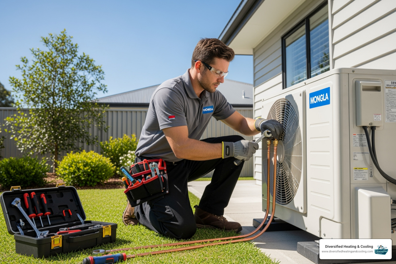 certified technician professionally installing an outdoor heat pump unit - heat pump installation in joshua tree ca
