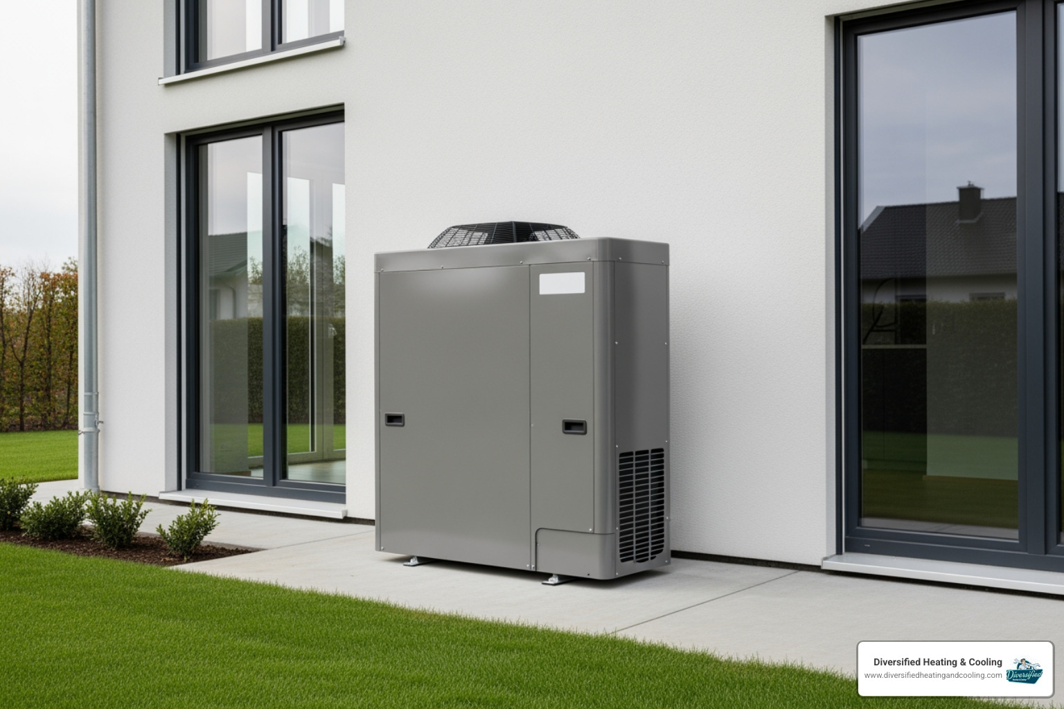 A new, high-efficiency heat pump system installed outside a modern home - heat pump repair in joshua tree ca