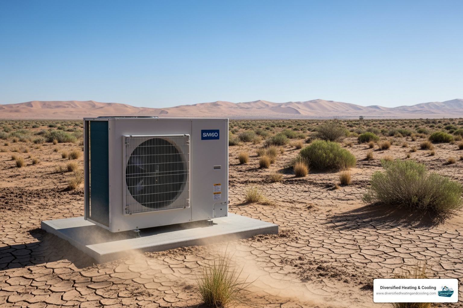 A heat pump outdoor unit situated in a dusty desert setting, with clear skies above - heat pump repair in joshua tree ca