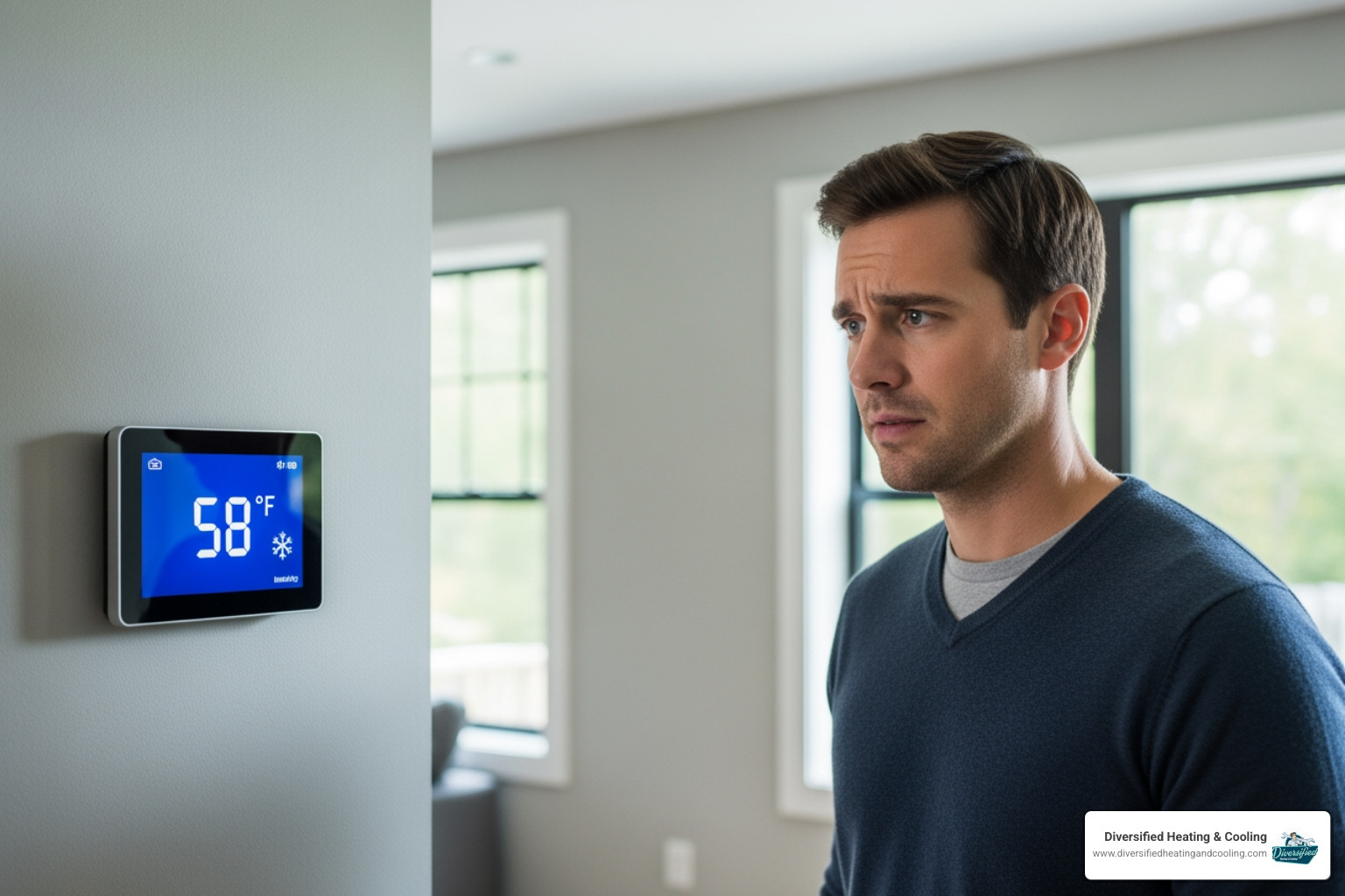A homeowner looking concerned at their thermostat in a modern home - heat pump repair in joshua tree ca
