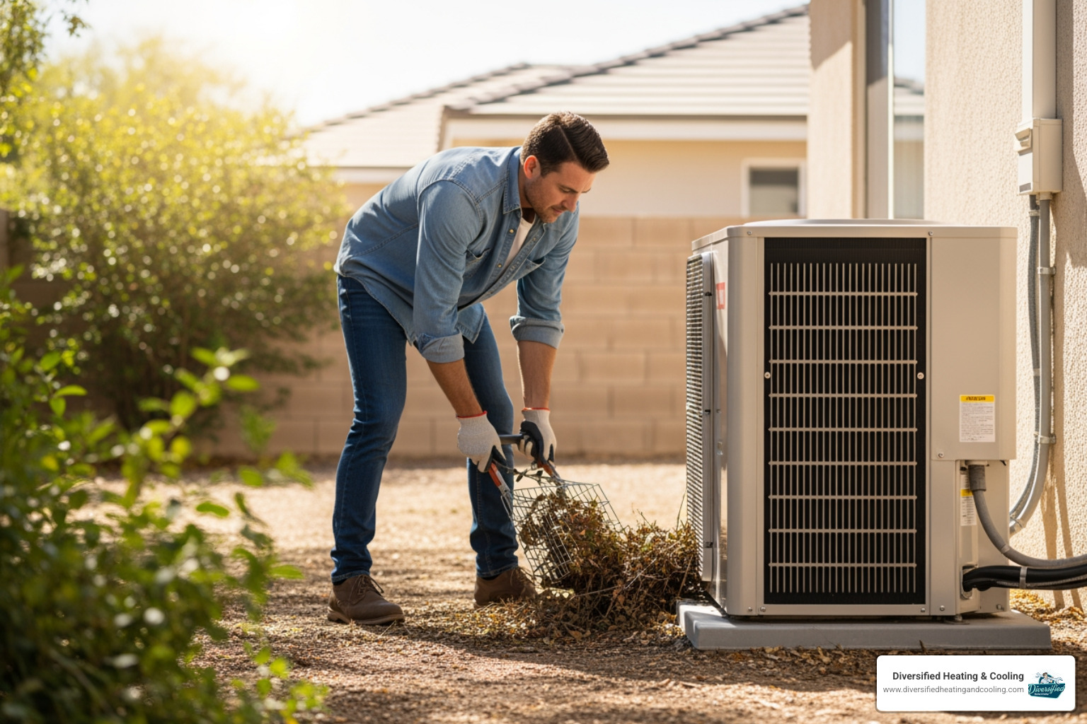 homeowner cleaning debris from around an outdoor heat pump unit - heat pump maintenance in joshua tree ca