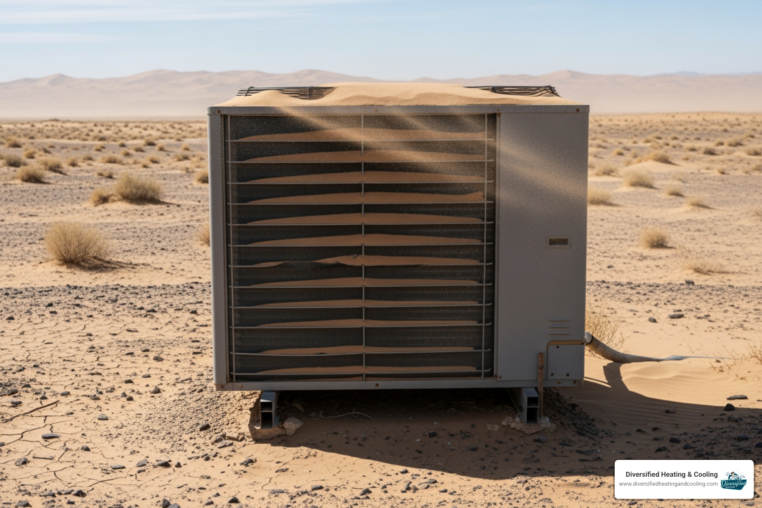 dusty outdoor heat pump unit covered in sand - heat pump maintenance in joshua tree ca