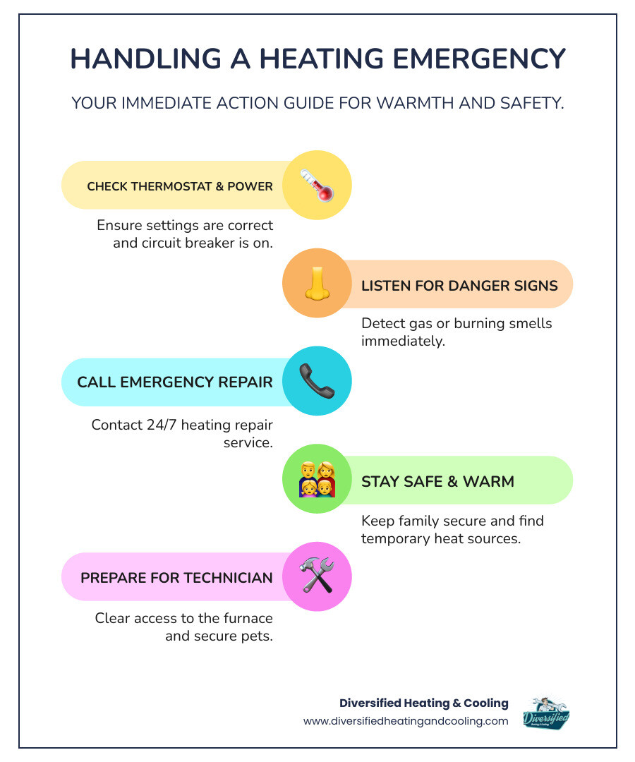 Infographic showing steps for handling a heating emergency: 1. Check thermostat and power, 2. Listen for gas or burning smells, 3. Call 24/7 emergency heating repair, 4. Keep family safe and warm, 5. Clear access to furnace for technician - 24/7 heating repair in yucca valley ca infographic infographic-line-5-steps-colors