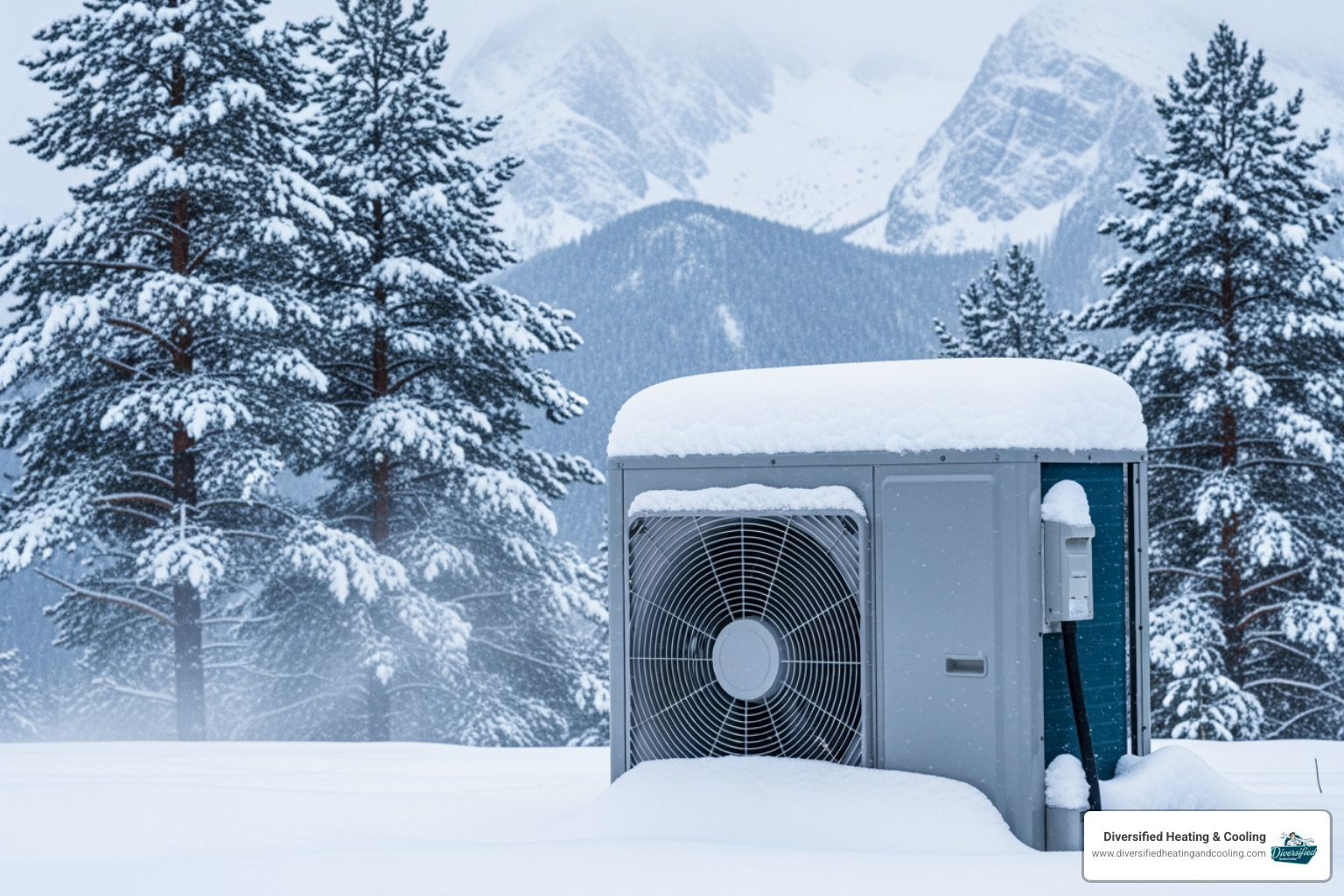 An outdoor heat pump unit partially covered in snow, showcasing the challenges of winter in Big Bear Lake - heat pump repair in big bear lake ca