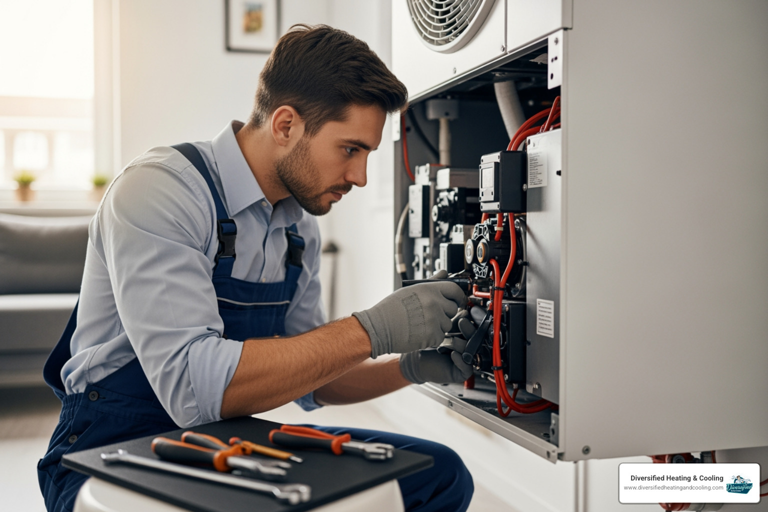 A professional HVAC technician inspecting an indoor heat pump unit, focusing on its components - heat pump repair in big bear lake ca