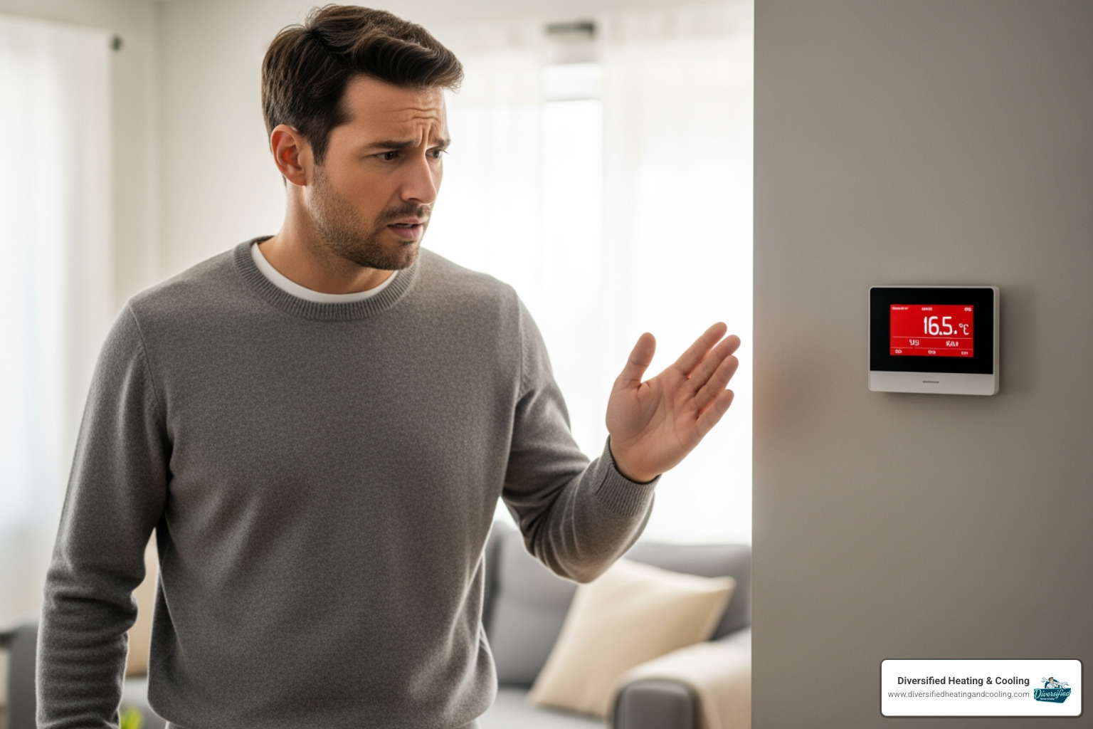 A homeowner looking at their thermostat with concern, indicating a problem with their heating system - heat pump repair in big bear lake ca