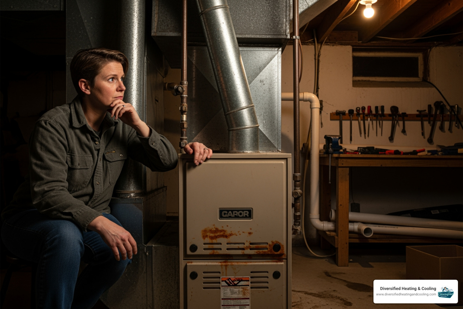 homeowner looking thoughtfully at an older furnace - heating maintenance in big bear lake ca homeowner looking thoughtfully at an older furnace - heating maintenance in big bear lake ca
