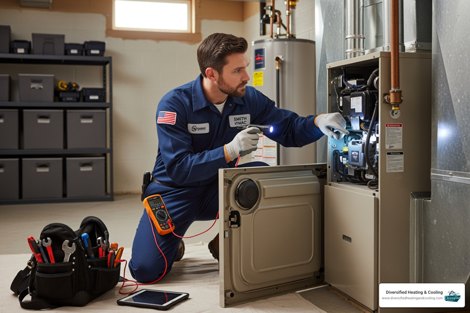 technician professionally inspecting a furnace unit - heating maintenance in big bear lake ca technician professionally inspecting a furnace unit - heating maintenance in big bear lake ca