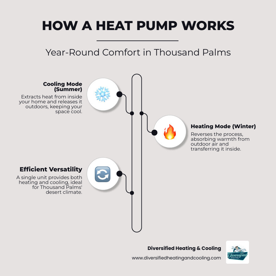 infographic showing how a heat pump transfers heat in cooling mode and heating mode, with arrows indicating heat flow direction, refrigerant cycle, and indoor/outdoor units for both summer cooling and winter heating in desert climate - best heat pump company in thousand palms ca infographic infographic-line-3-steps-elegant_beige
