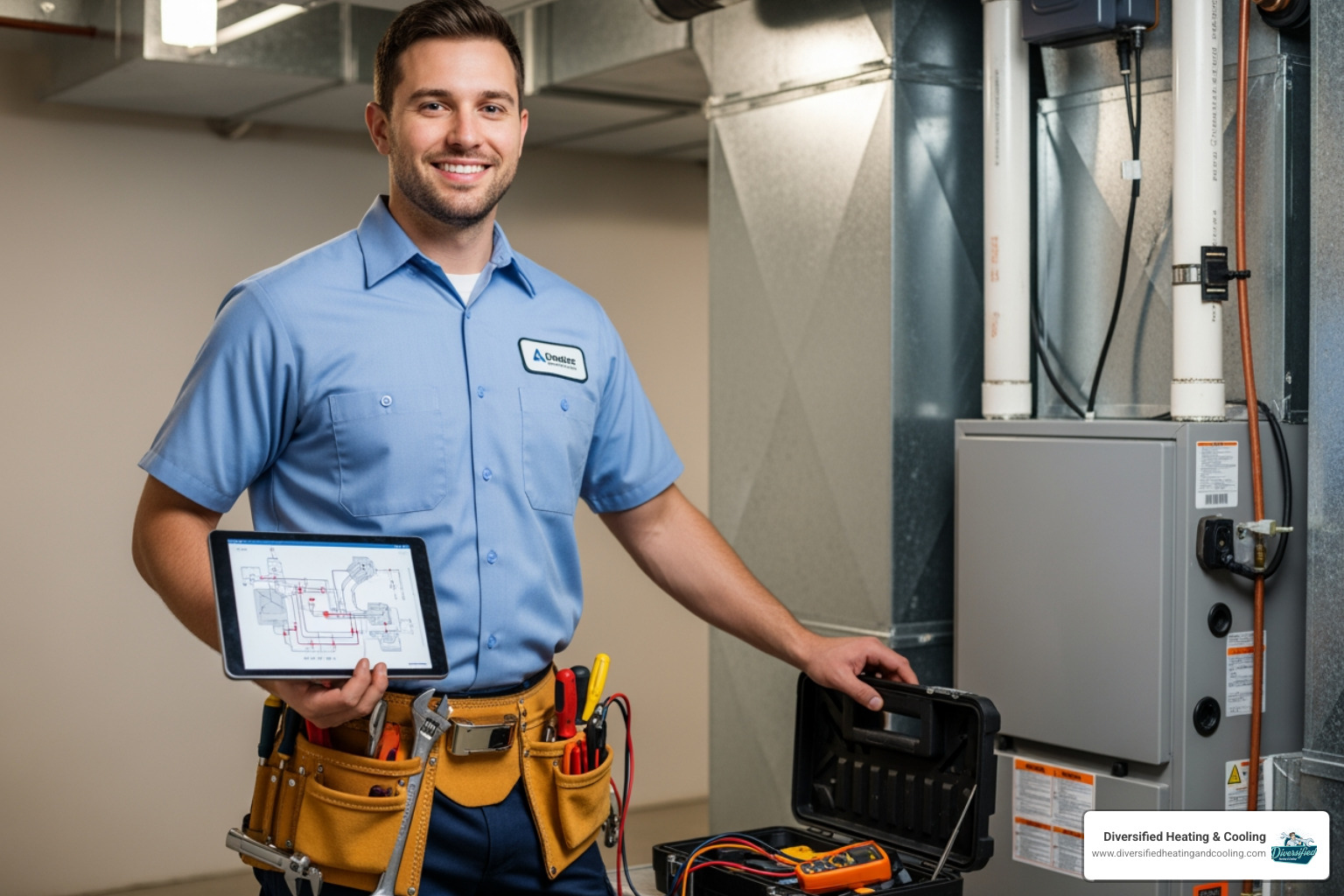 A professional, friendly HVAC technician with tools smiling - heating repair in yucca valley ca