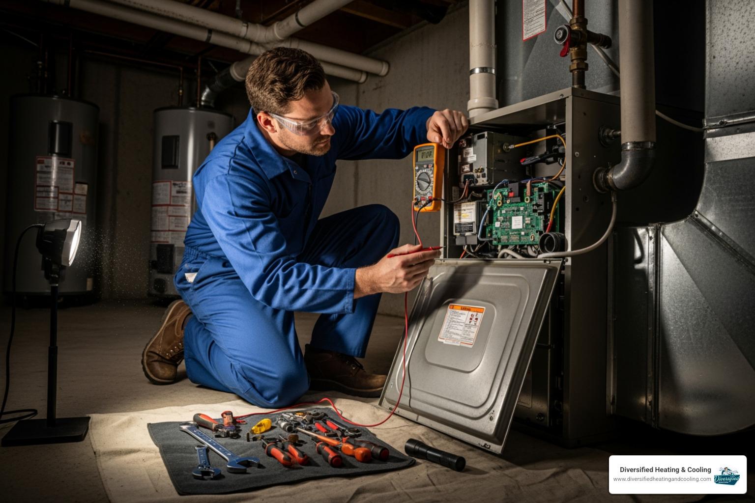 A technician performing maintenance on a furnace - heating repair in yucca valley ca