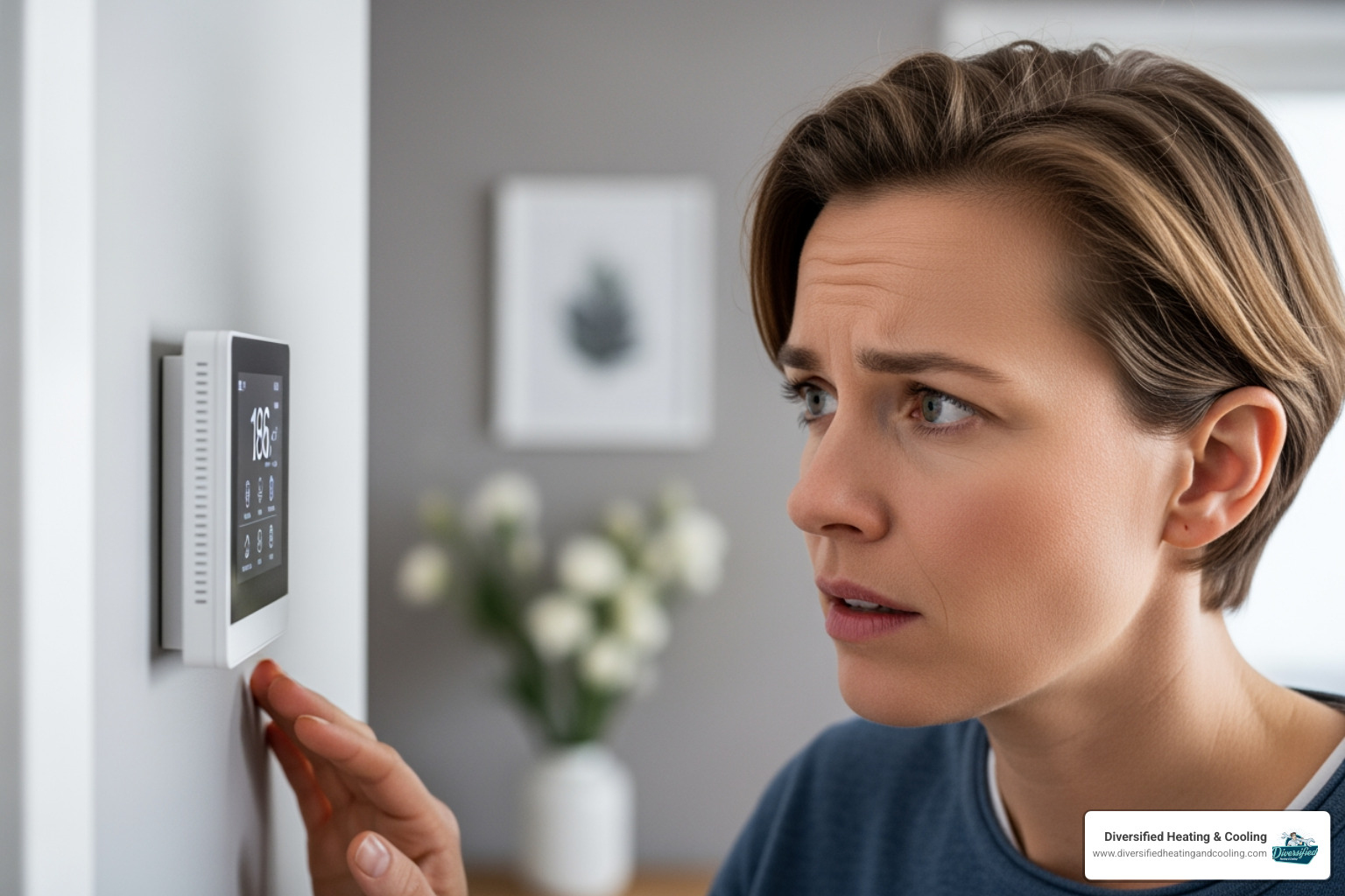 A person looking at a thermostat with a concerned expression - heating repair in yucca valley ca