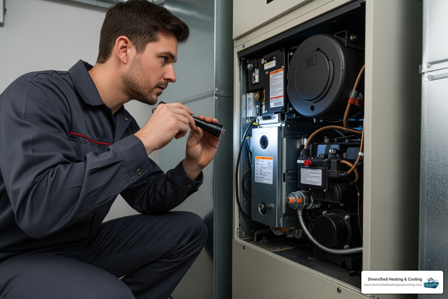 technician carefully inspecting a furnace - heating service in big bear lake ca