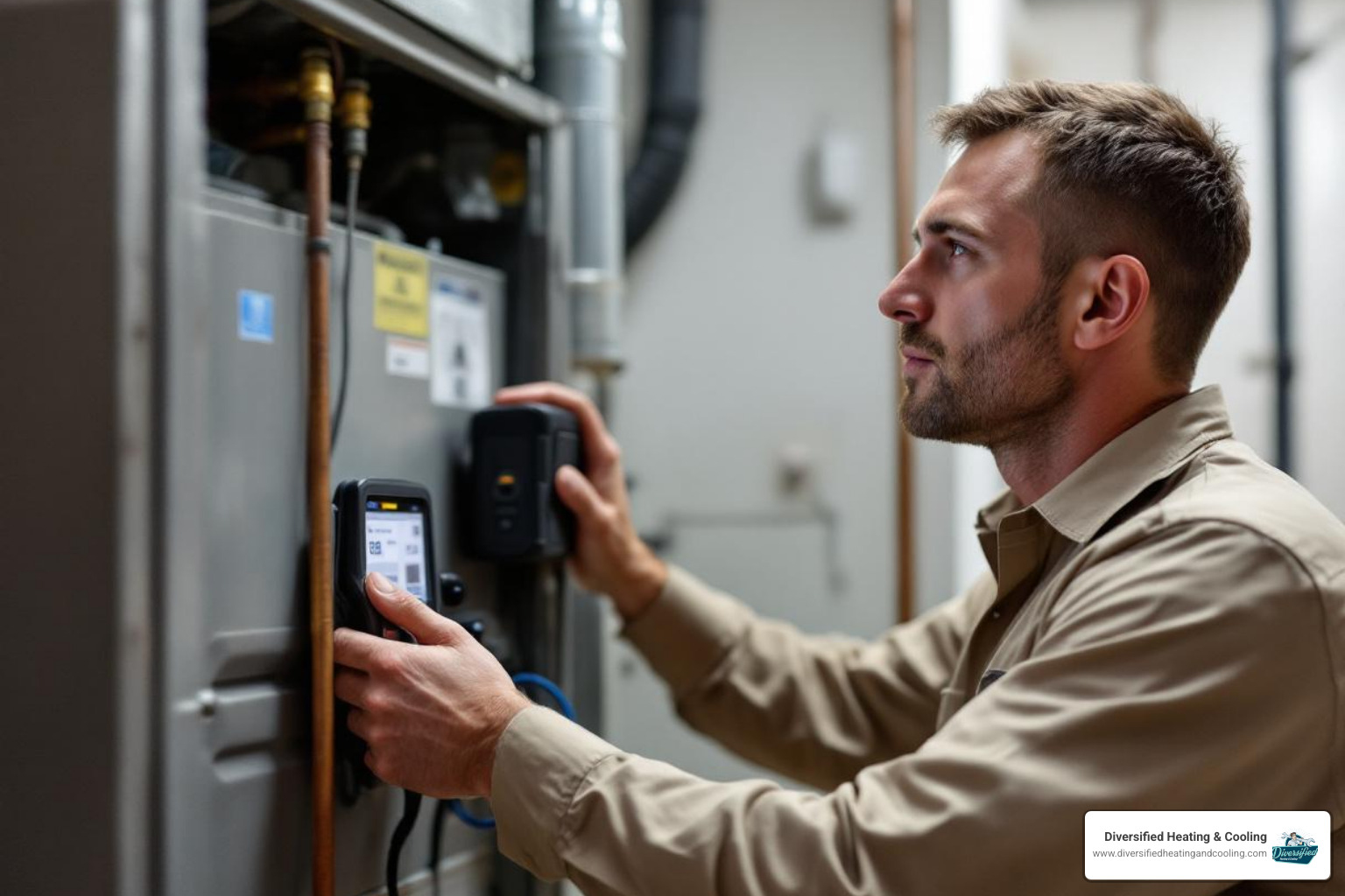 technician using a diagnostic tool on a heating system - heating service in big bear lake ca