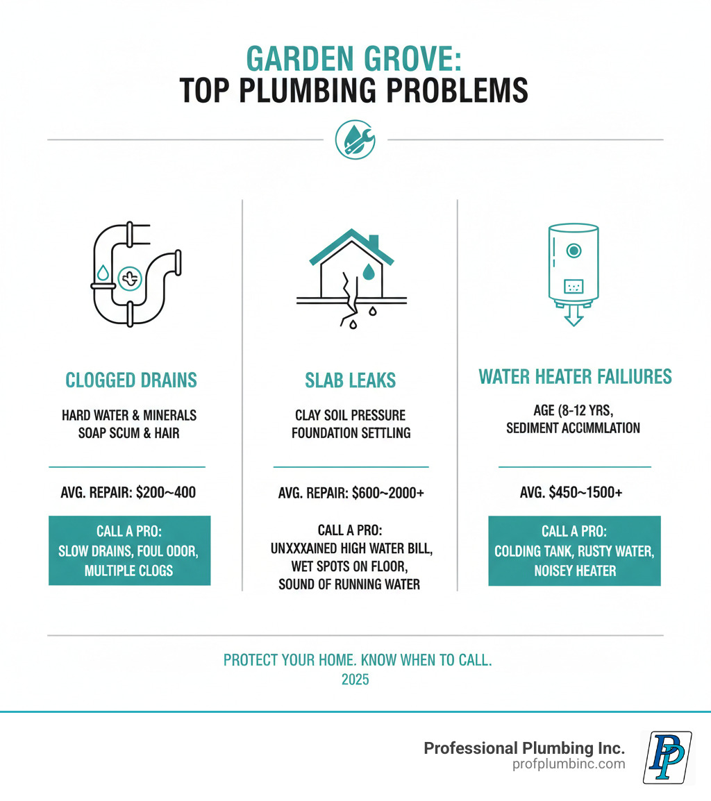 infographic showing the top plumbing problems in Garden Grove: clogged drains from hard water and mineral buildup, slab leaks due to clay soil pressure and foundation settling, and water heater failures from age and sediment accumulation, with statistics showing average repair costs and when to call a professional - plumber in garden grove infographic 