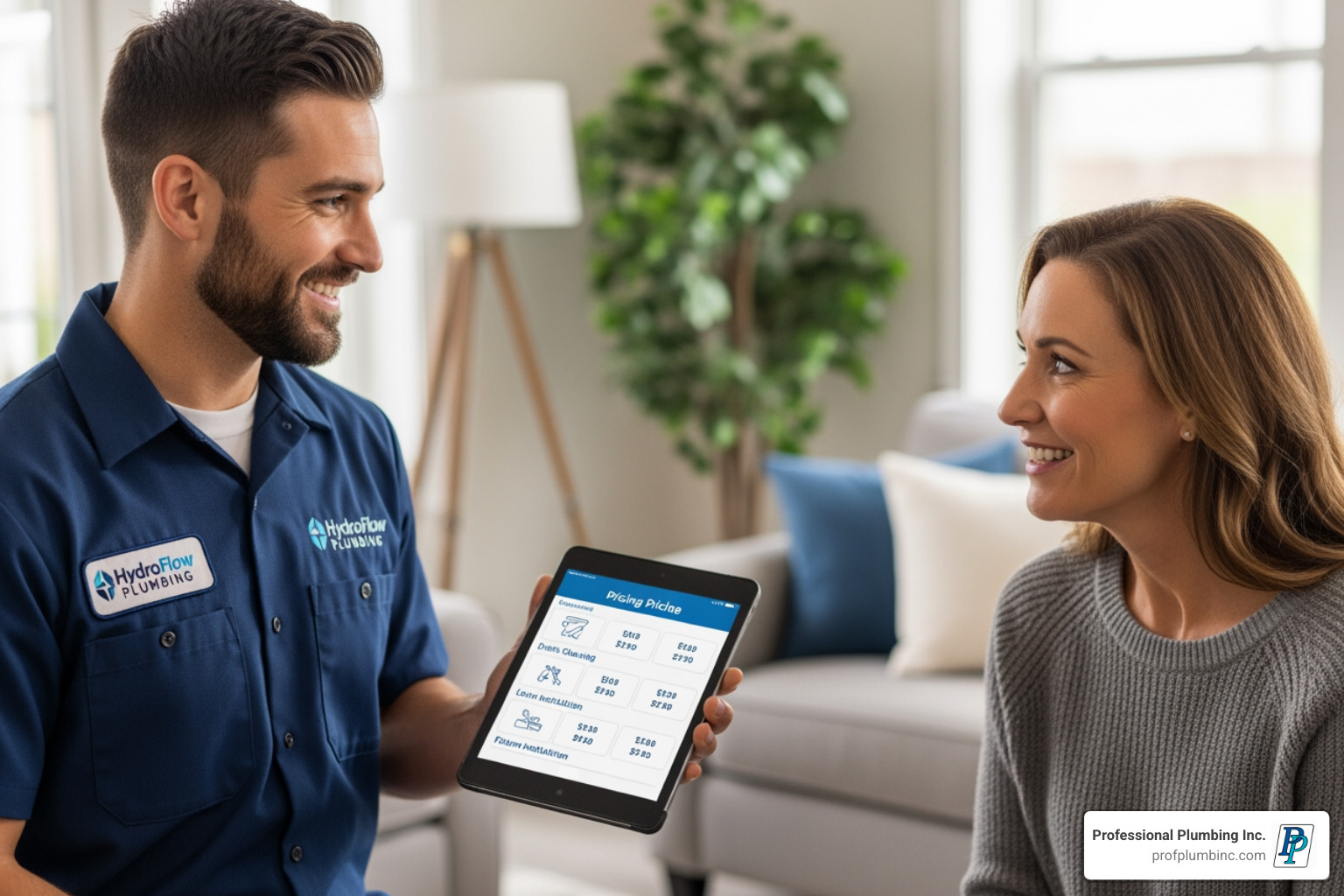 plumber showing customer an upfront pricing guide on a tablet - plumber in garden grove