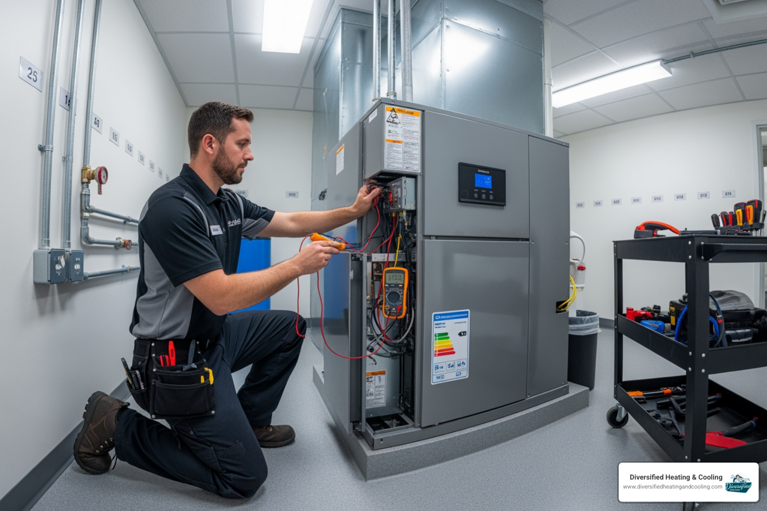 An HVAC technician working on a high-efficiency unit in a clean utility room - luxury heating installation in big bear lake ca