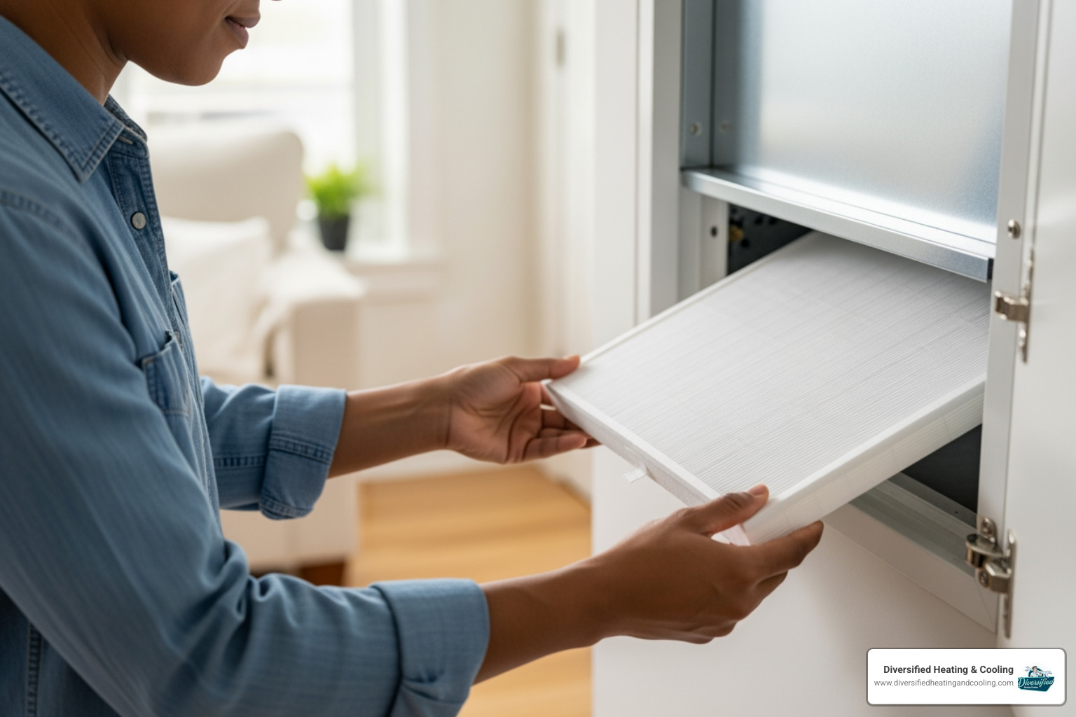 homeowner easily sliding a clean new filter into their HVAC system - heat pump maintenance service in baldwin lake ca
