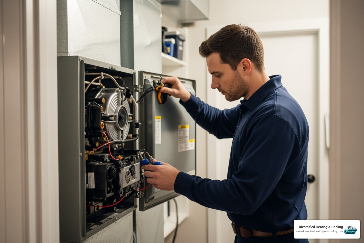 technician servicing an indoor air handler unit - heat pump maintenance service in baldwin lake ca