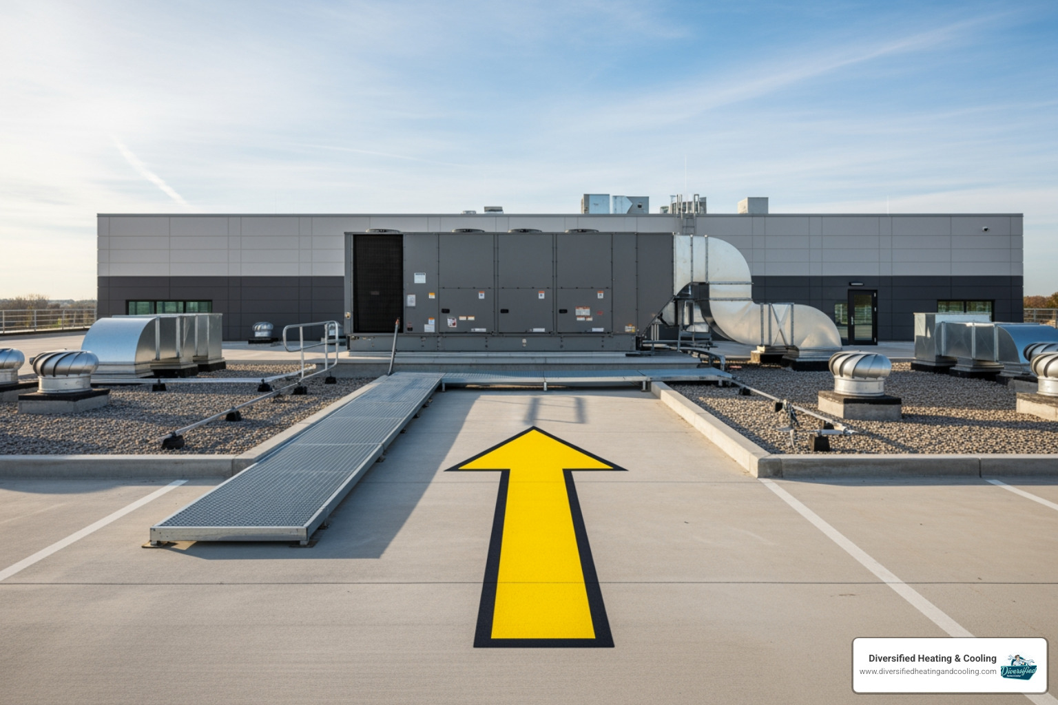 Commercial building with an arrow pointing to a rooftop HVAC unit - commercial hvac maintenance service in cathedral city ca