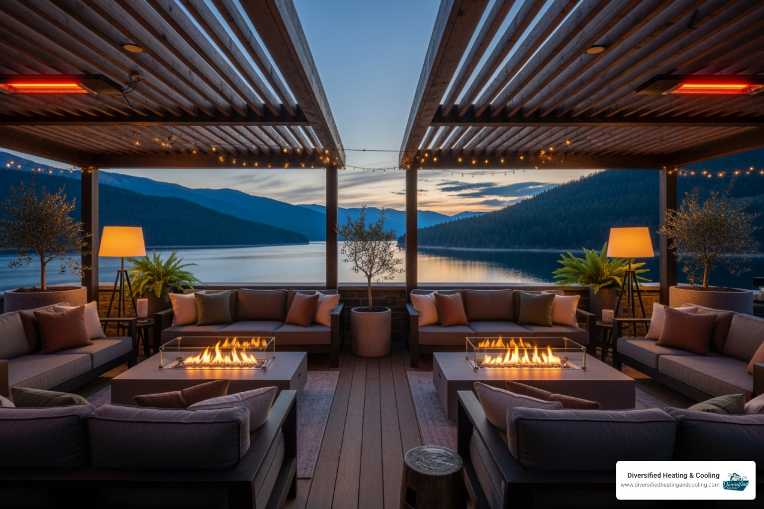 A stylish outdoor patio with integrated heaters overlooking a mountain lake - luxury heating installation in big bear lake ca