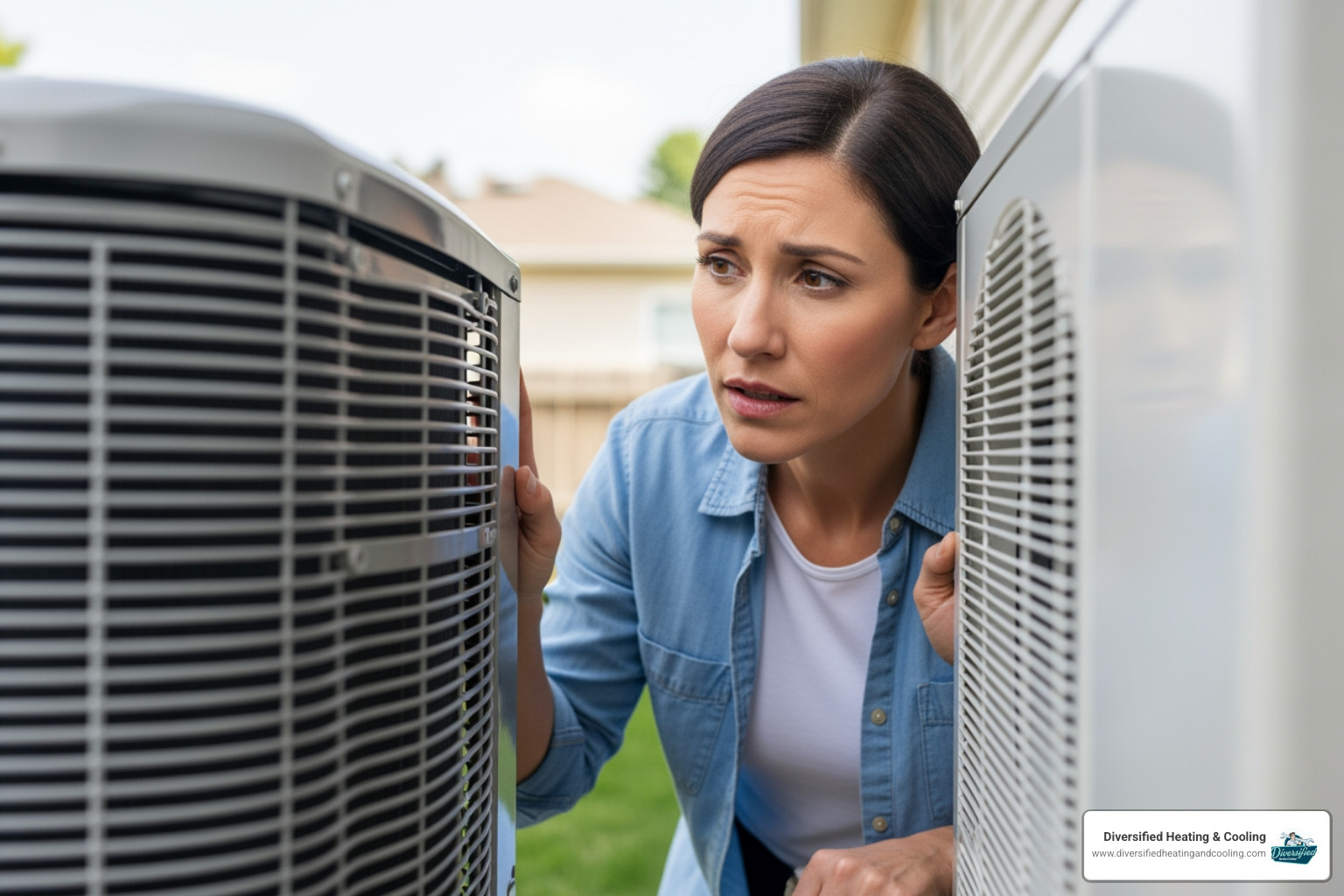 homeowner inspecting their outdoor heat pump unit with a concerned expression - heat pump maintenance service in baldwin lake ca