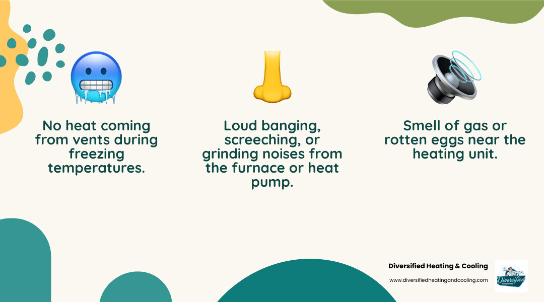 Infographic showing the top 3 signs of a heating emergency: 1. No heat coming from vents during freezing temperatures, with a thermometer icon showing cold indoor temps; 2. Smell of gas or rotten eggs near the heating unit, with a nose icon and warning symbol; 3. Loud banging, screeching, or grinding noises from the furnace or heat pump, with a sound wave icon and distressed furnace illustration - emergency heating repair in landers ca infographic 3_facts_emoji_nature