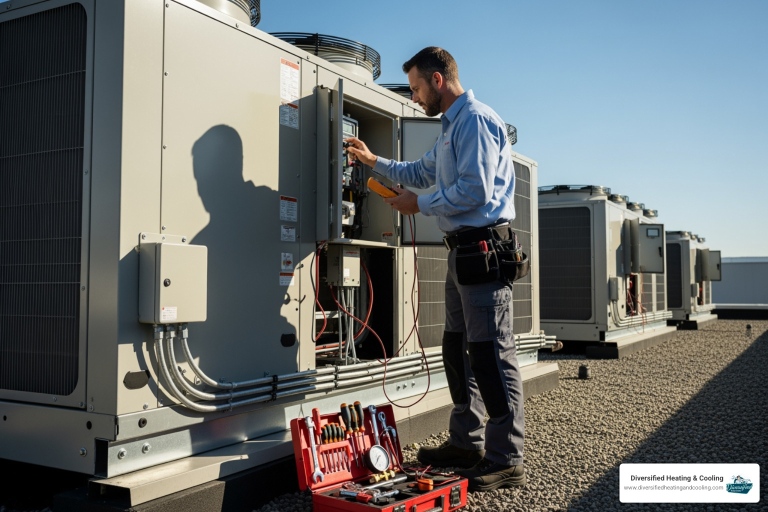 technician inspecting a large rooftop HVAC unit - 24/7 commercial hvac repair in landers ca technician inspecting a large rooftop HVAC unit - 24/7 commercial hvac repair in landers ca